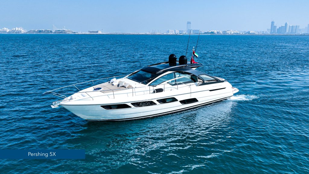Alt="Pershing 5X luxury yacht available for rental in Dubai Marina"